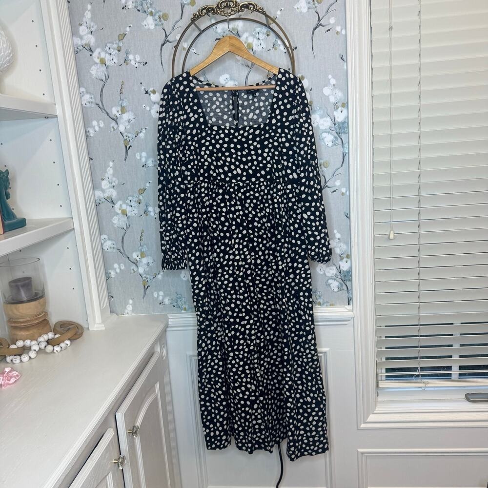 Who What Wear Polka Dot Square Neck Midi Dress Black White Long Sleeve Large